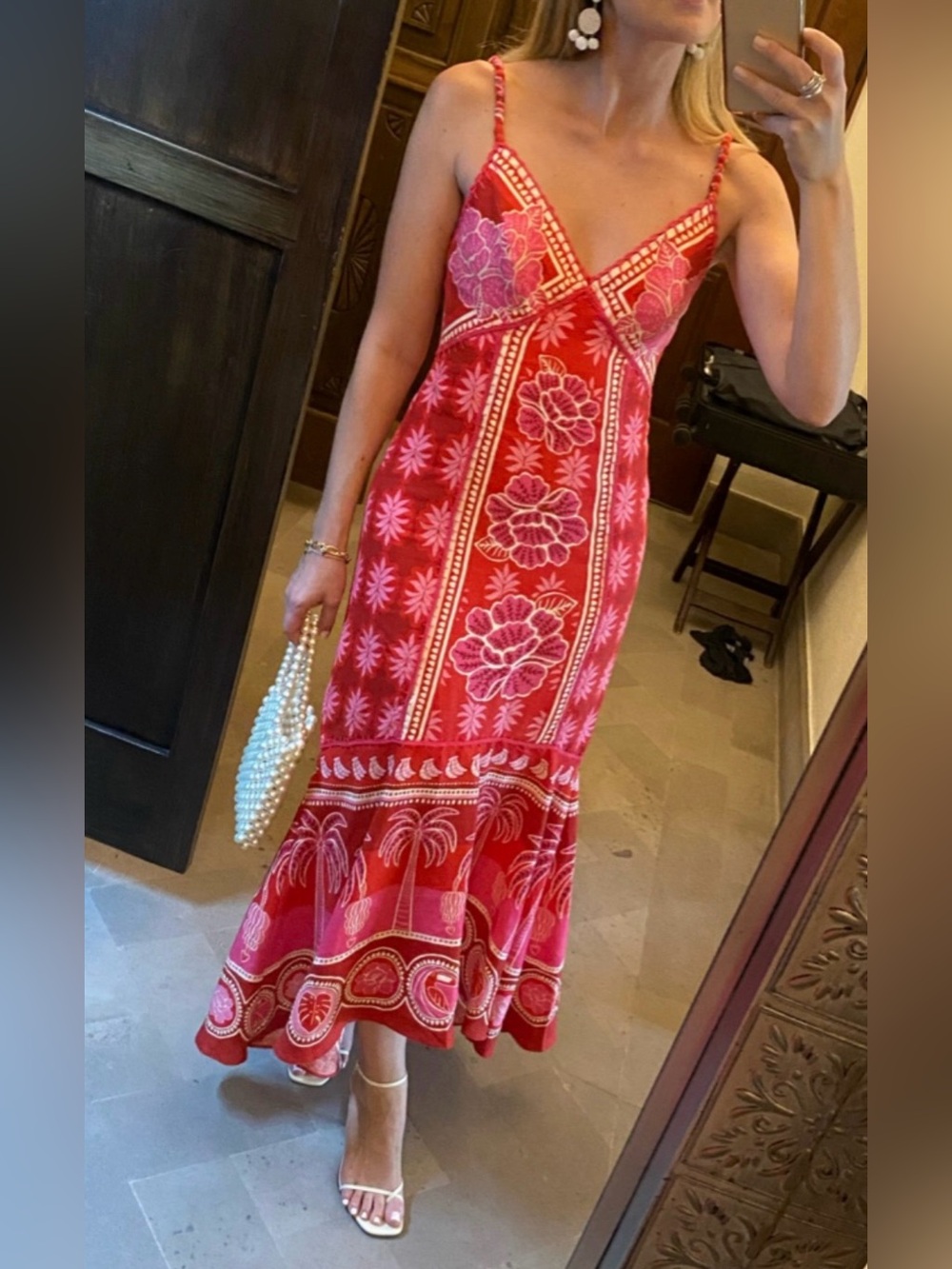 Caroline Constas Red and Pink Embroidered Maxi Dress